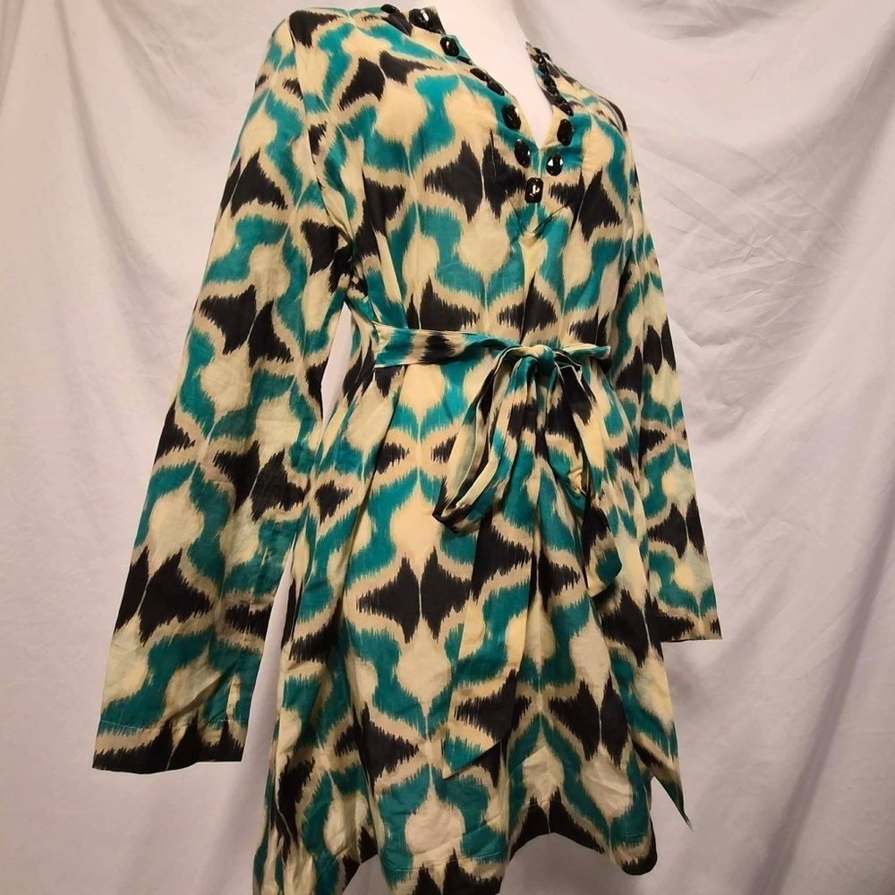 Ted Baker Turquoise Cream Aztec Abstract Luxury Designer Jeweled Tunic Top US 2